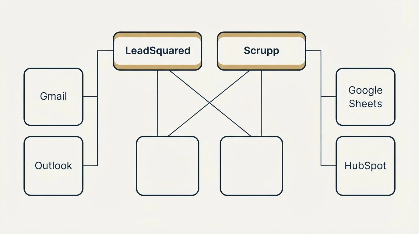 Integration grid: Integration Ecosystem (LeadSquared, Scrupp, Gmail, Google Sheets)
