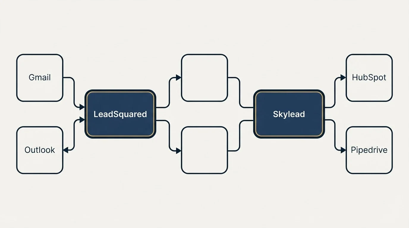 Integration schematic: Integration Ecosystem (LeadSquared, Skylead, Gmail, HubSpot)