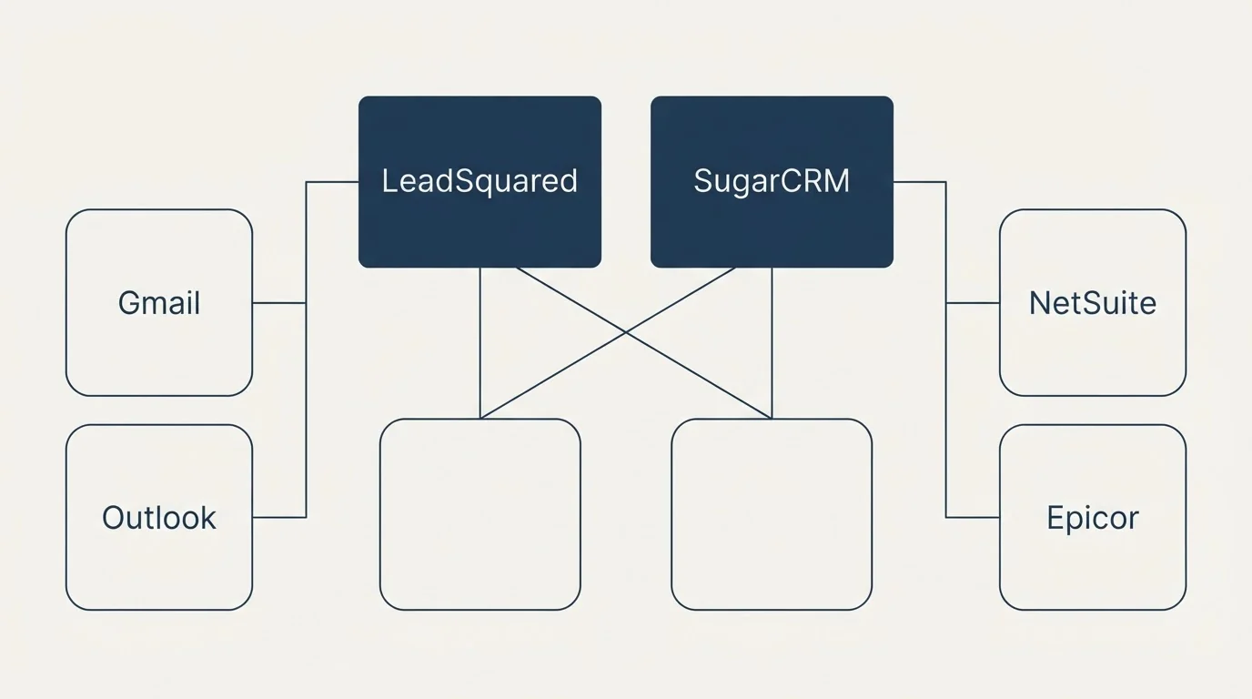 Integration grid: Integration Ecosystem (LeadSquared, SugarCRM, Gmail, NetSuite)