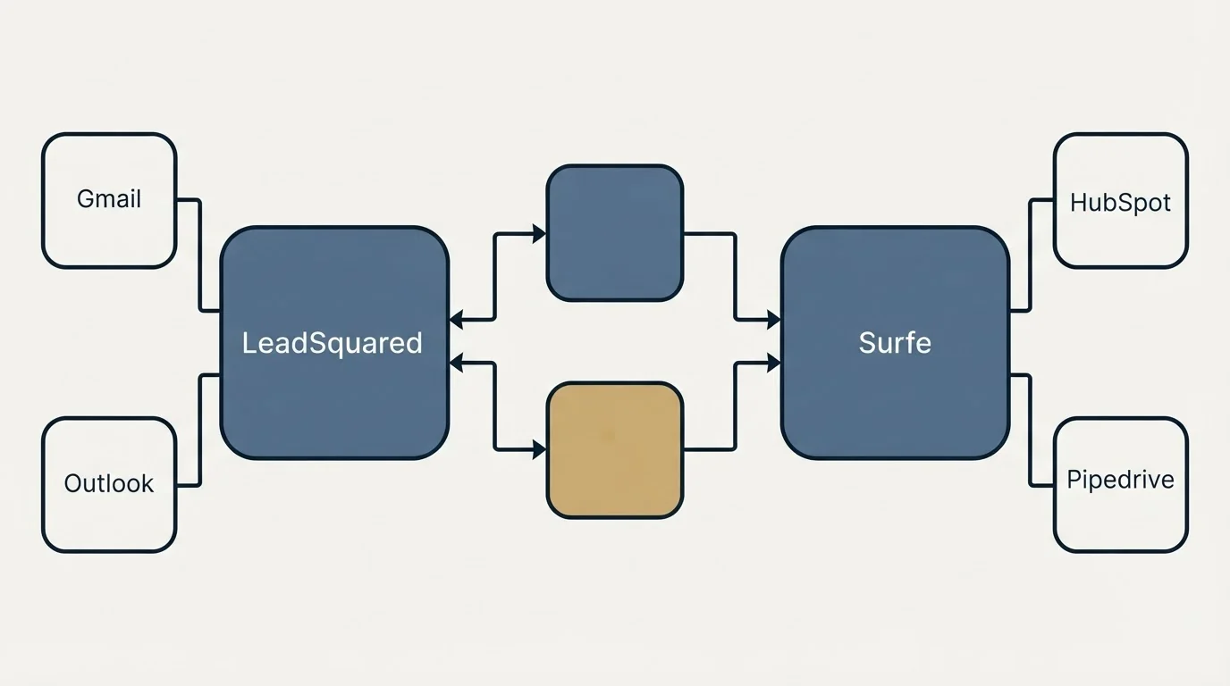 Integration schematic: Integration Ecosystem (LeadSquared, Surfe, Gmail, HubSpot)