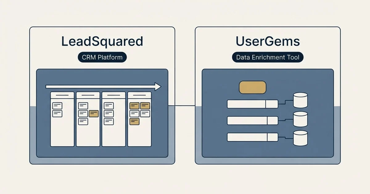 Side-by-side panels: LeadSquared vs UserGems (CRM Platform, Data Enrichment Tool)