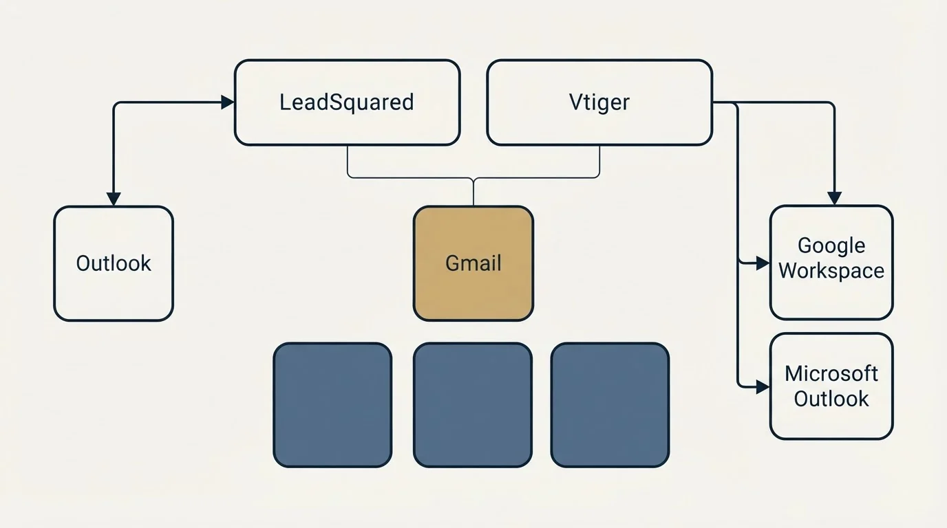 Integration grid: Integration Ecosystem (LeadSquared, Vtiger, Gmail, Outlook)