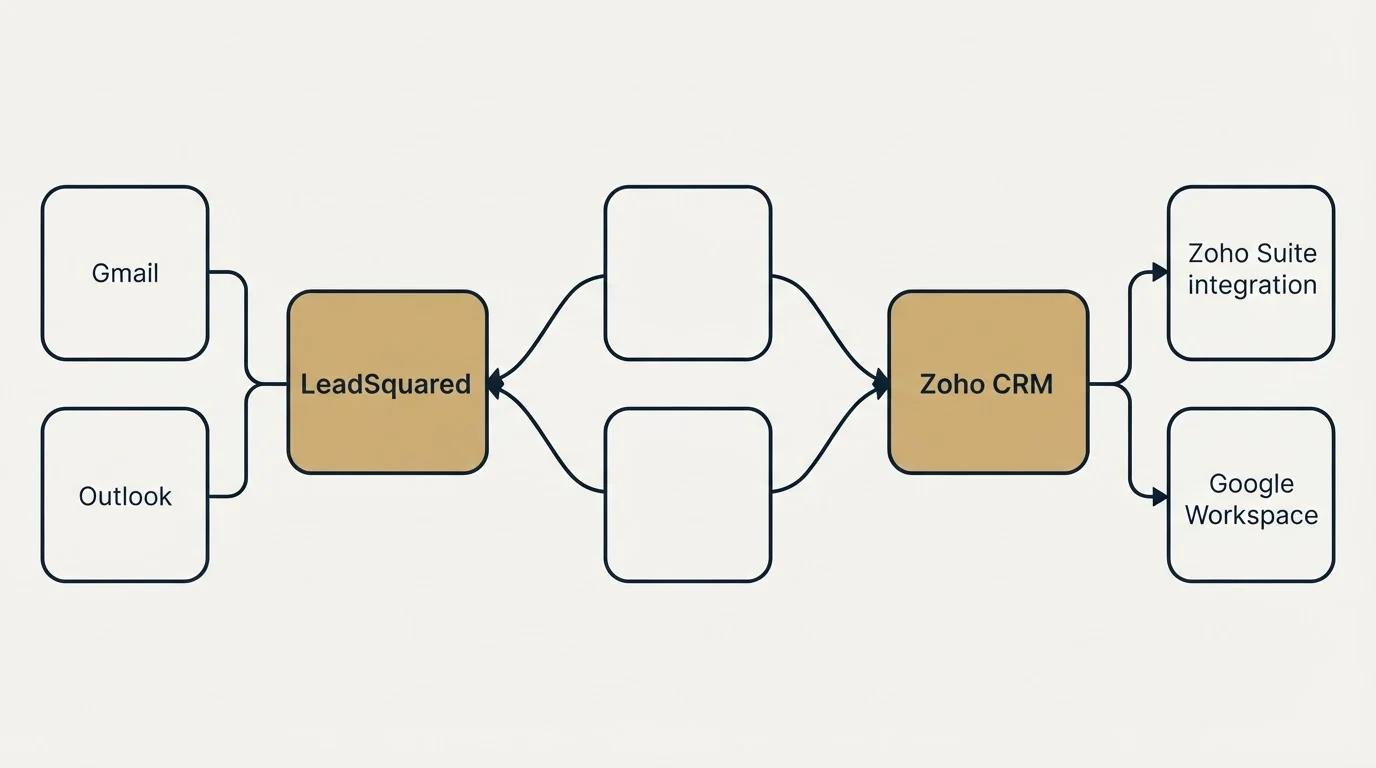 Integration schematic: Integration Ecosystem (LeadSquared, Zoho CRM, Gmail, Zoho Suite integration)