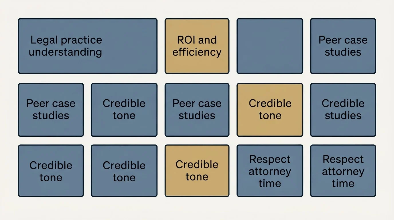 Schematic: What Top Performers Do Differently (Legal practice understanding, ROI and efficiency, Peer case studies, Credible tone)