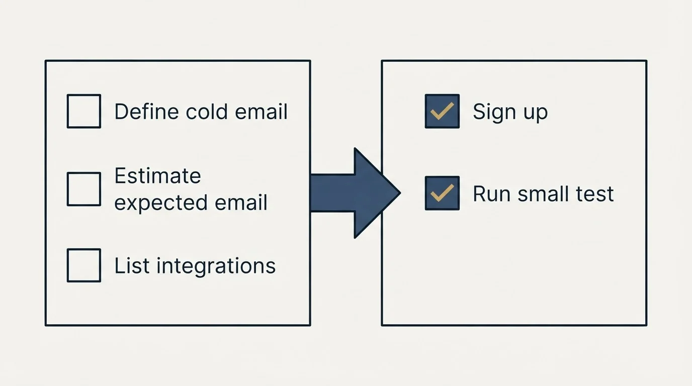 Before-and-after steps: Getting Started Checklist (Define cold email, Estimate expected email, List integrations, Sign up)