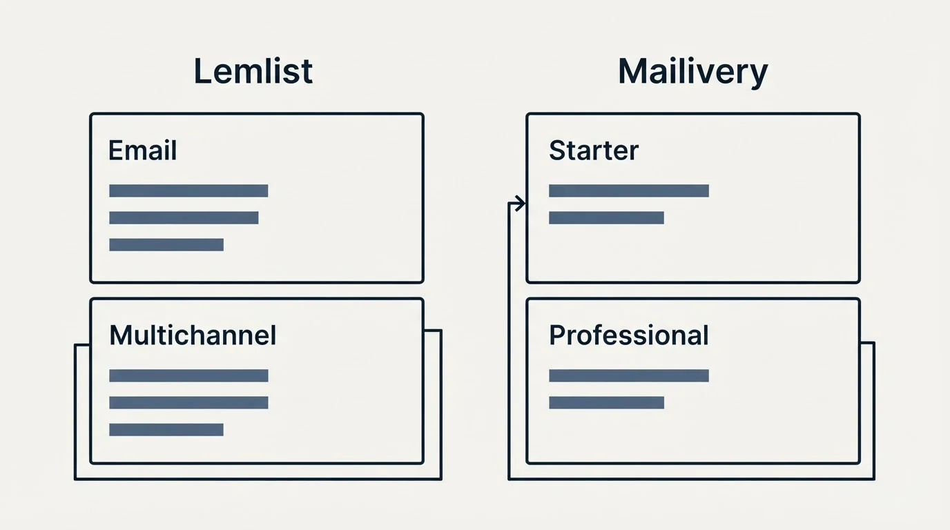 Pricing panels: Pricing Comparison (Lemlist, Mailivery, Email, Starter)