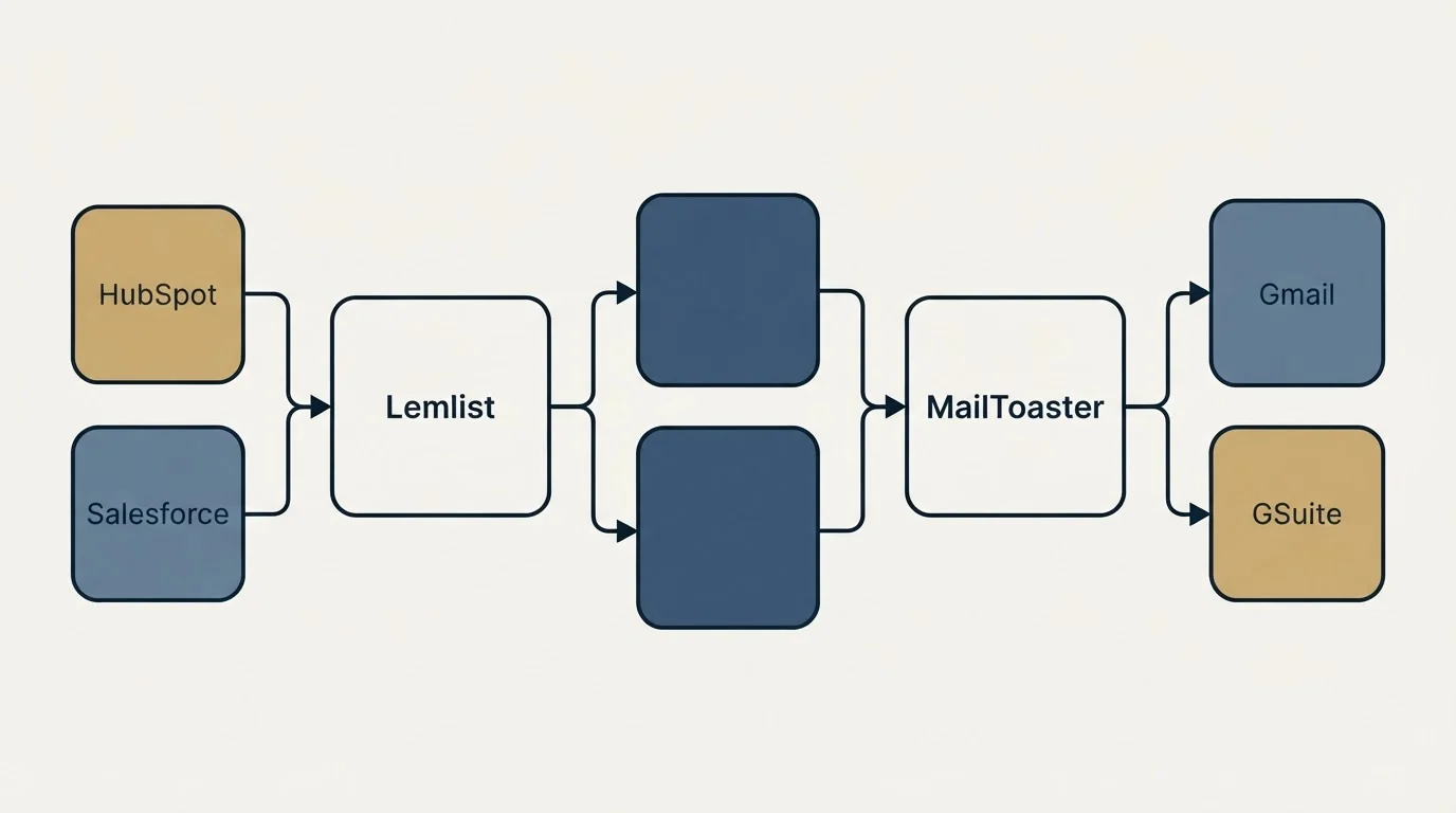 Integration flow: Integration Ecosystem (Lemlist, MailToaster, HubSpot, Gmail)