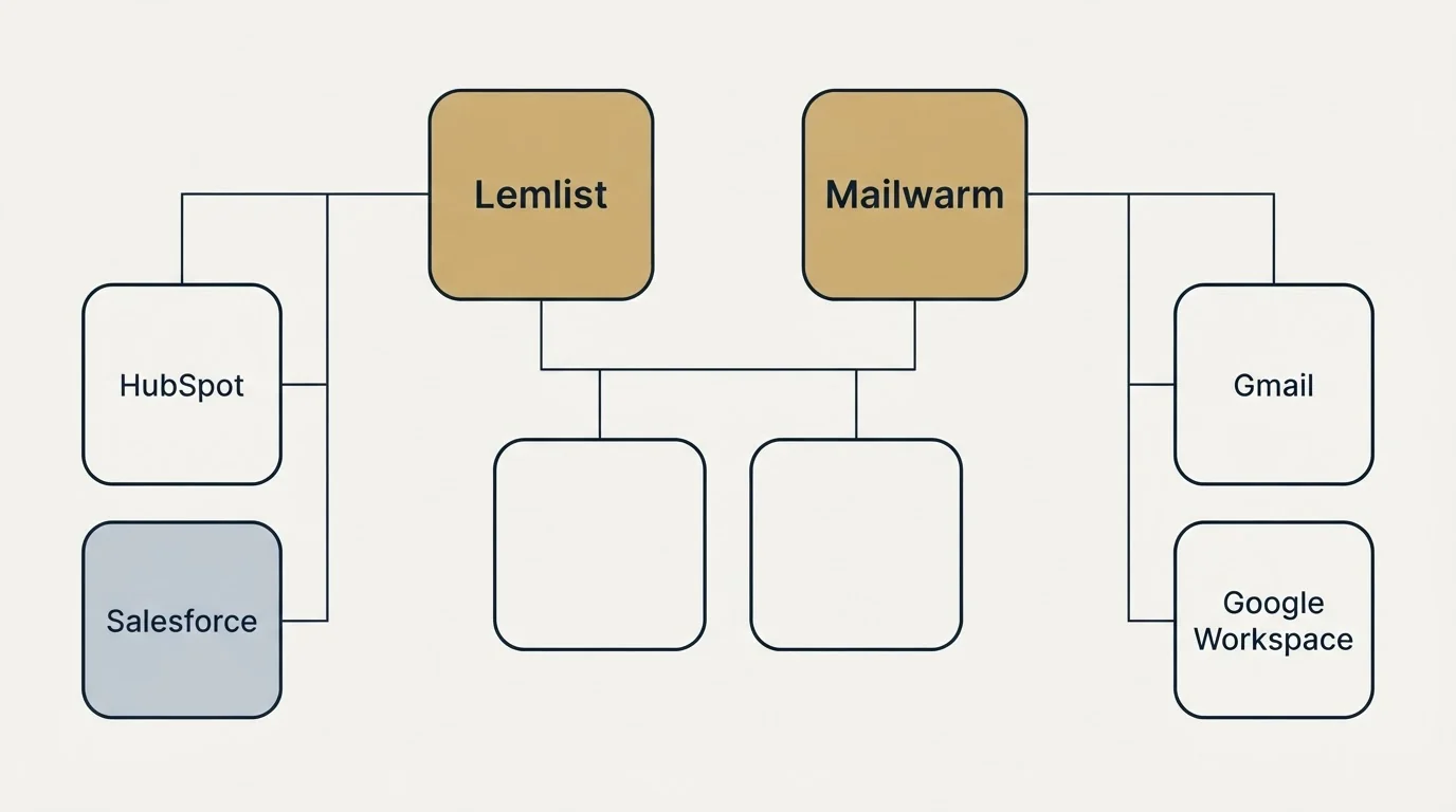 Integration grid: Integration Ecosystem (Lemlist, Mailwarm, HubSpot, Gmail)