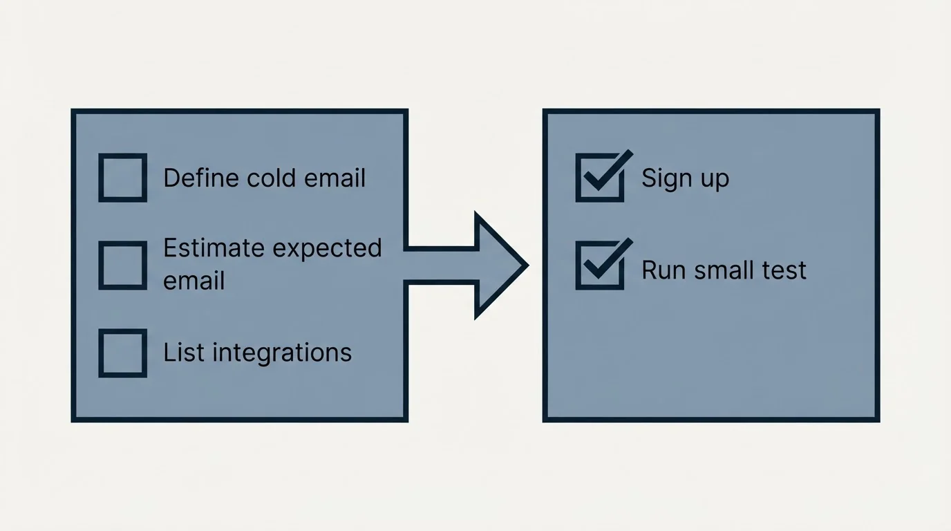 Before-and-after steps: Getting Started Checklist (Define cold email, Estimate expected email, List integrations, Sign up)