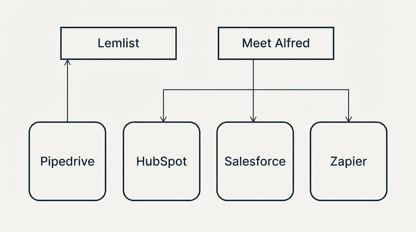 Integration grid: Integration Ecosystem (Lemlist, Meet Alfred, HubSpot, Salesforce)