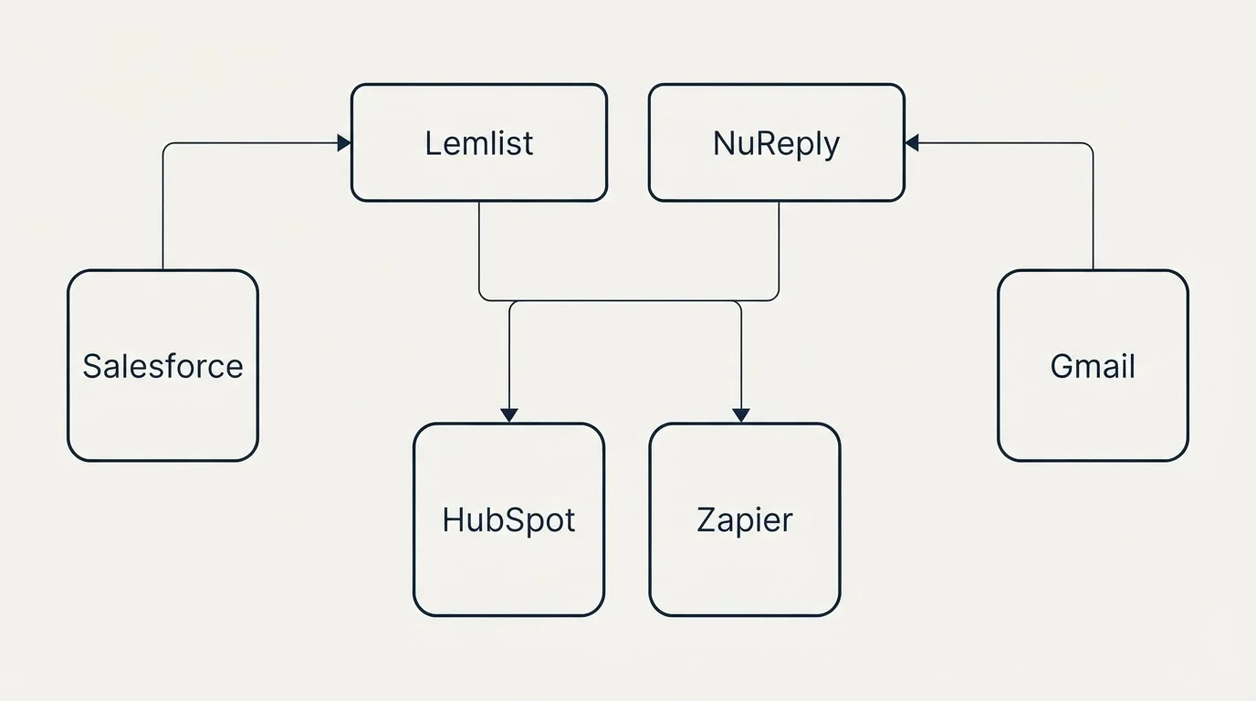 Integration grid: Integration Ecosystem (Lemlist, NuReply, HubSpot, Zapier)