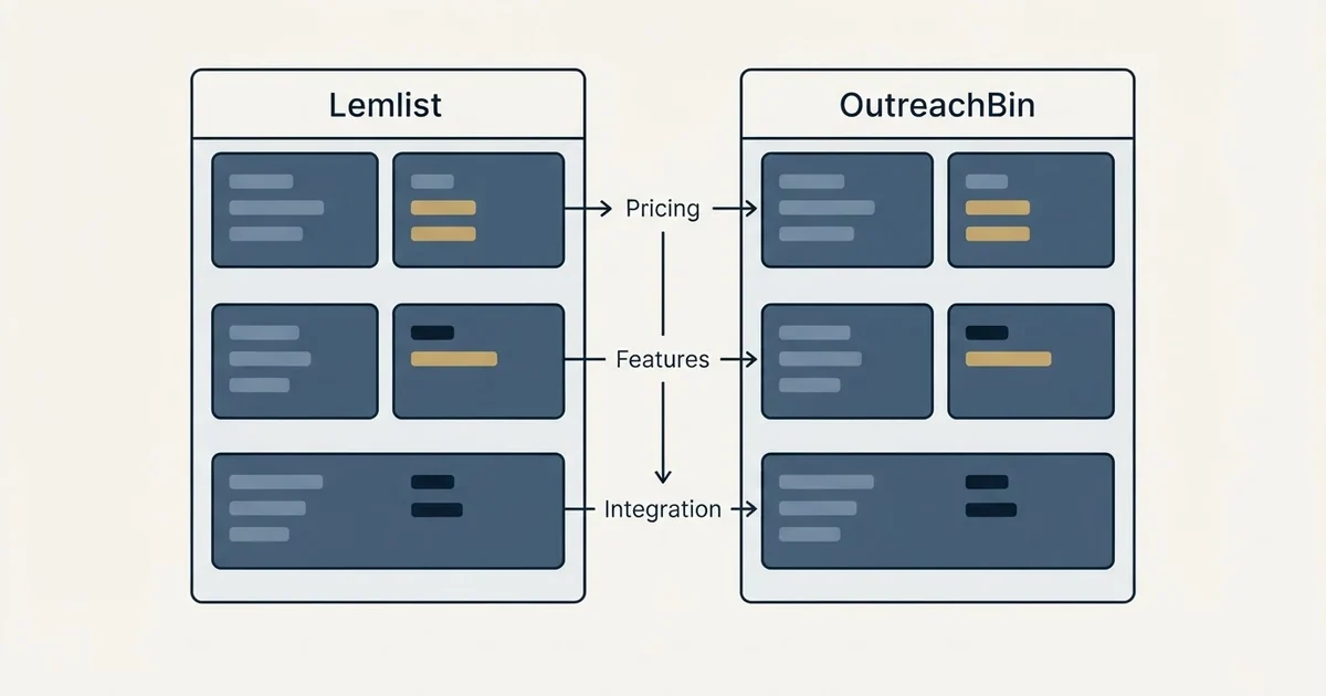 Comparison panel: Lemlist vs OutreachBin (Pricing, Features, Integration)