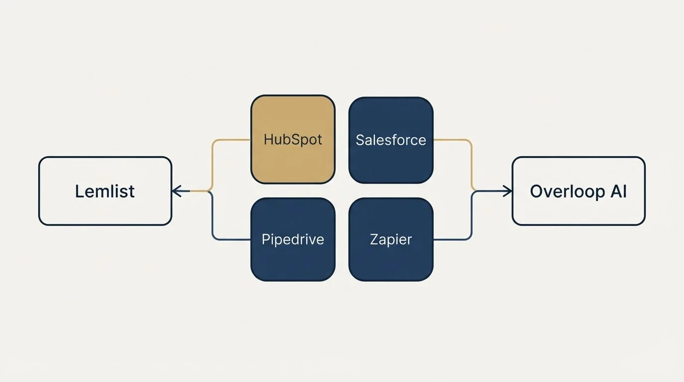 Integration schematic: Integration Ecosystem (Lemlist, Overloop AI, HubSpot, Salesforce)