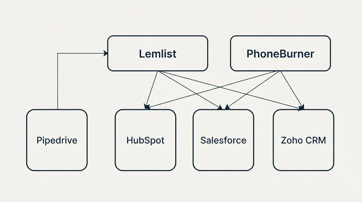 Integration grid: Integration Ecosystem (Lemlist, PhoneBurner, HubSpot, Salesforce)