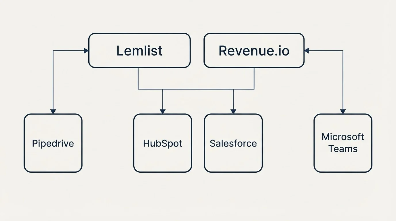 Integration grid: Integration Ecosystem (Lemlist, Revenue.io, HubSpot, Salesforce)