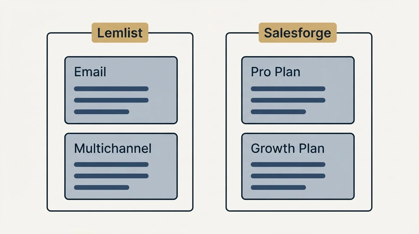 Pricing panels: Pricing Comparison (Lemlist, Salesforge, Email, Pro Plan)