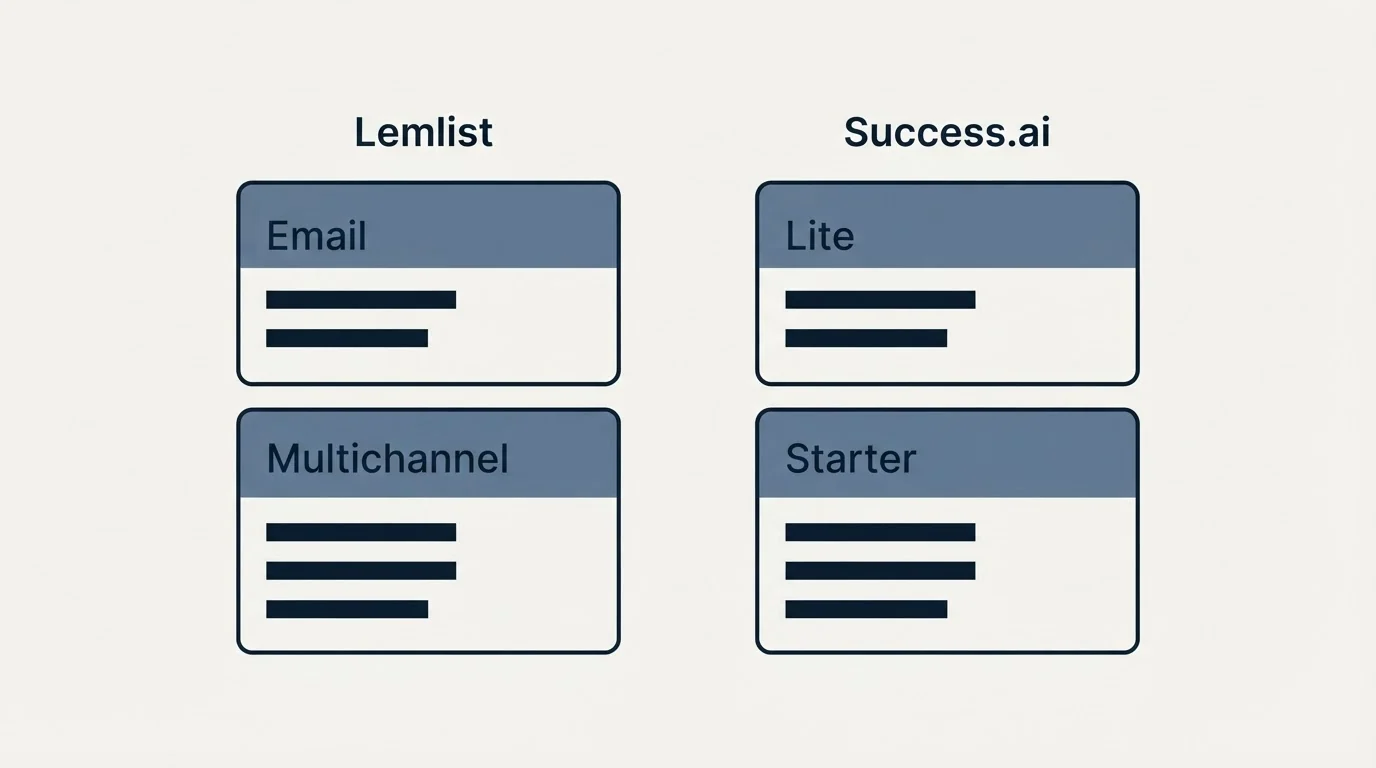 Pricing panels: Pricing Comparison (Lemlist, Success.ai, Email, Lite)