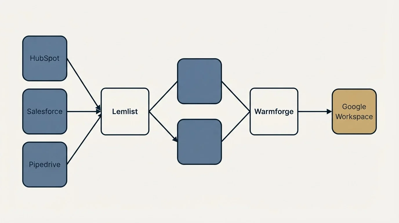 Integration schematic: Integration Ecosystem (Lemlist, Warmforge, HubSpot, Google Workspace)