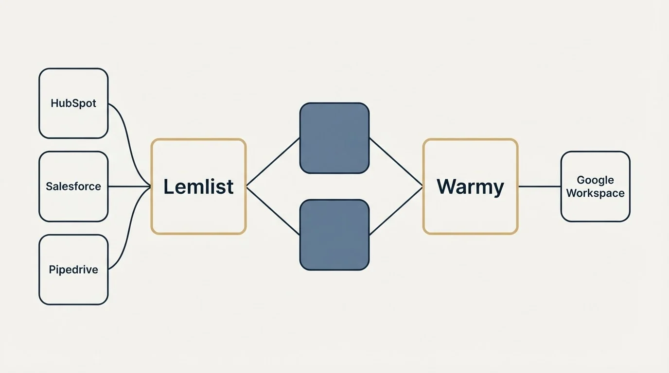Integration schematic: Integration Ecosystem (Lemlist, Warmy, HubSpot, Google Workspace)