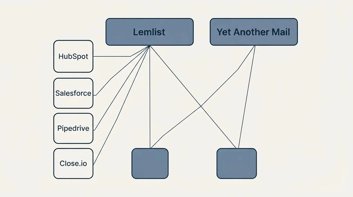Integration grid: Integration Ecosystem (Lemlist, Yet Another Mail, HubSpot, Salesforce)