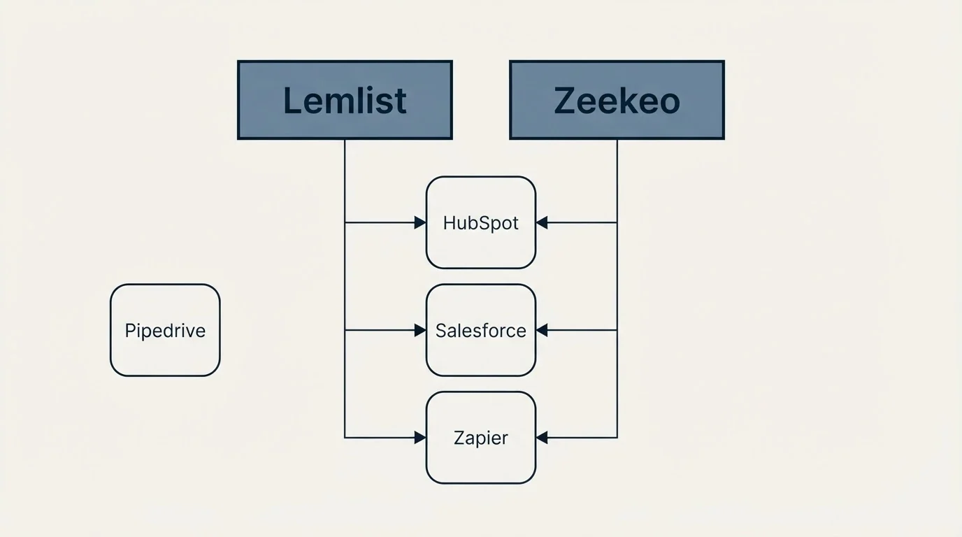 Integration grid: Integration Ecosystem (Lemlist, Zeekeo, HubSpot, Salesforce)