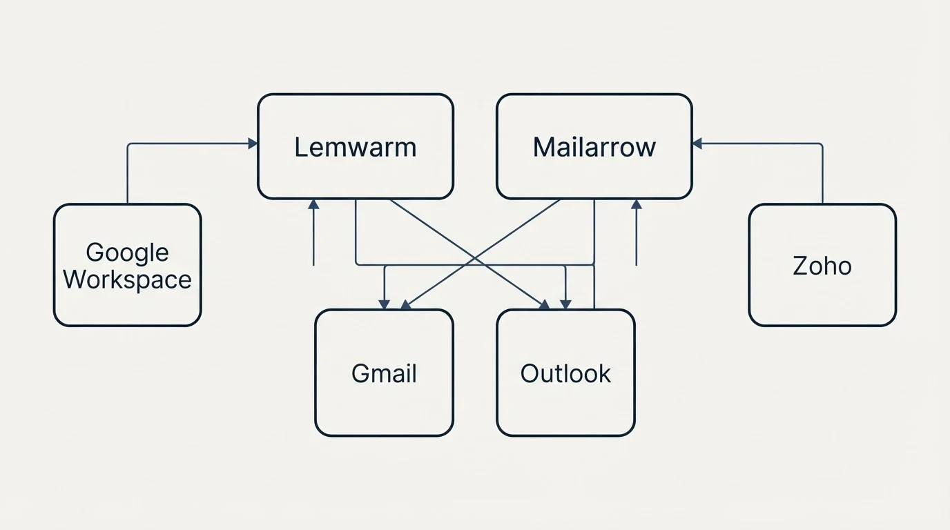 Integration grid: Integration Ecosystem (Lemwarm, Mailarrow, Gmail, Outlook)