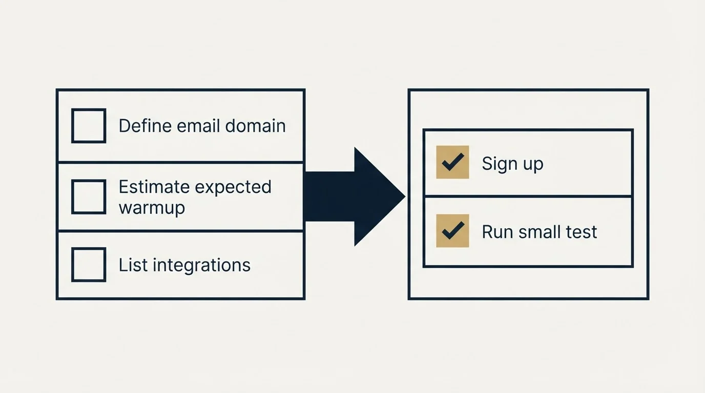 Before-and-after steps: Getting Started Checklist (Define email domain, Estimate expected warmup, List integrations, Sign up)