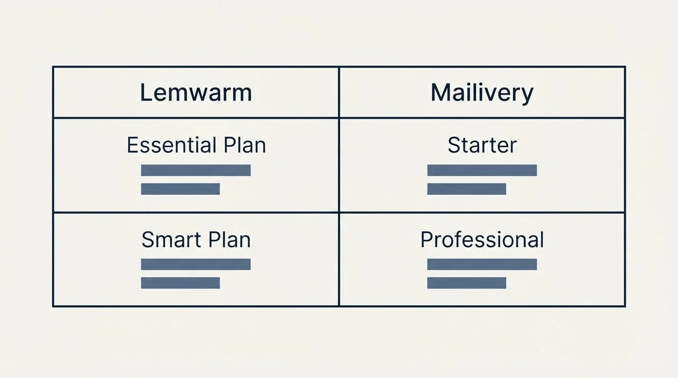 Pricing table: Pricing Comparison (Lemwarm, Mailivery, Essential Plan, Starter)