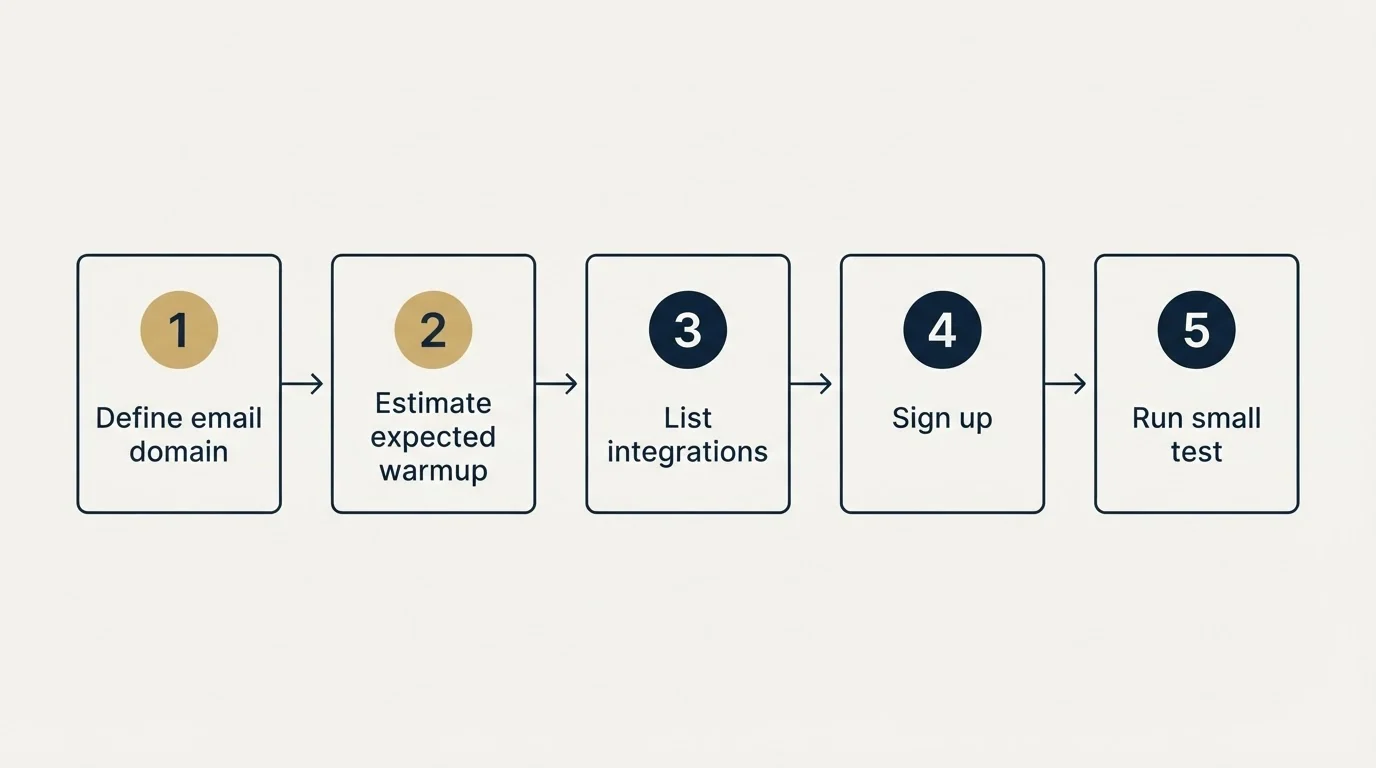 Step sequence: Getting Started Checklist (Define email domain, Estimate expected warmup, List integrations, Sign up)
