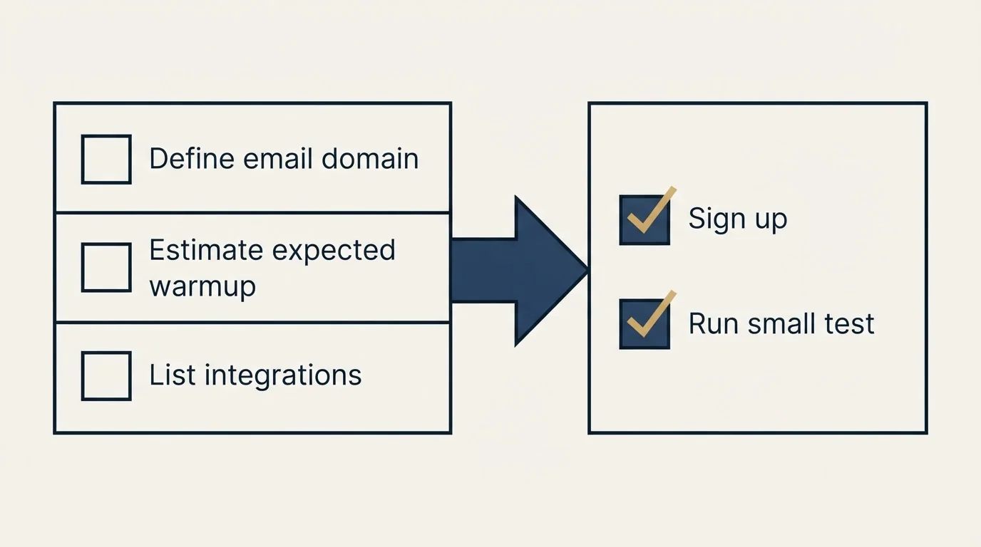 Before-and-after steps: Getting Started Checklist (Define email domain, Estimate expected warmup, List integrations, Sign up)