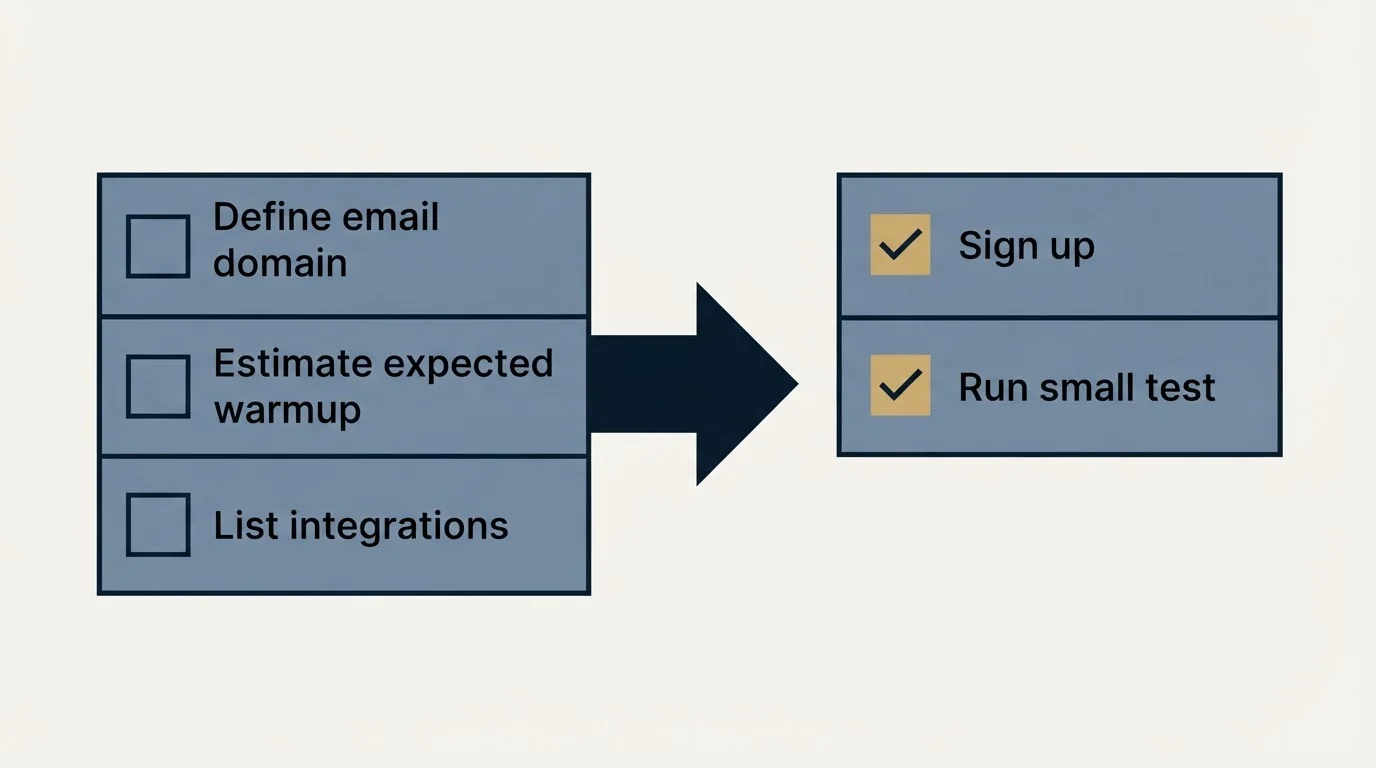 Before-and-after steps: Getting Started Checklist (Define email domain, Estimate expected warmup, List integrations, Sign up)