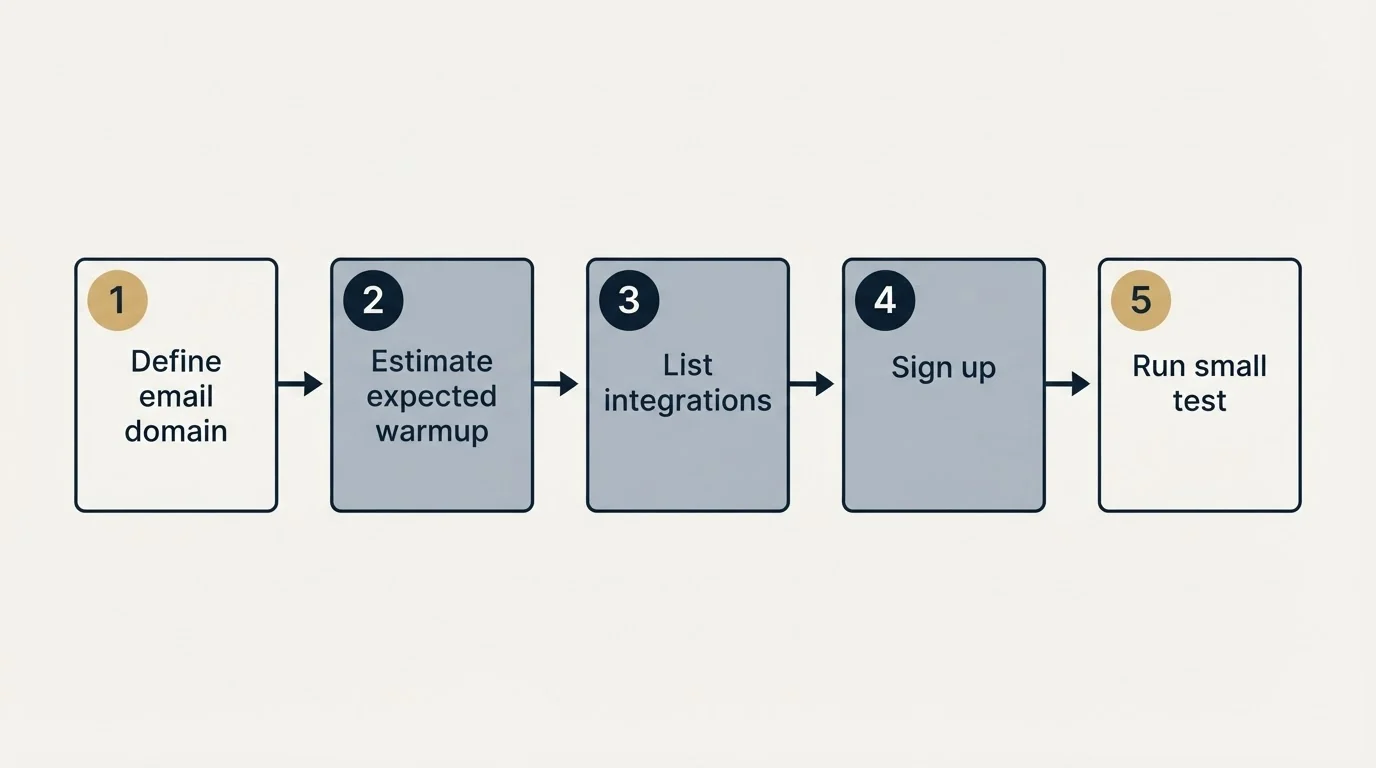 Step sequence: Getting Started Checklist (Define email domain, Estimate expected warmup, List integrations, Sign up)