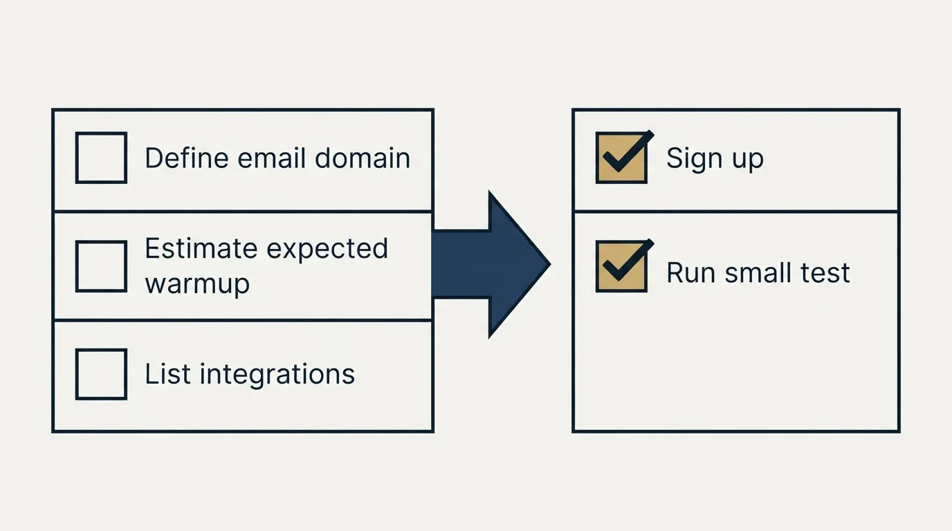 Before-and-after steps: Getting Started Checklist (Define email domain, Estimate expected warmup, List integrations, Sign up)