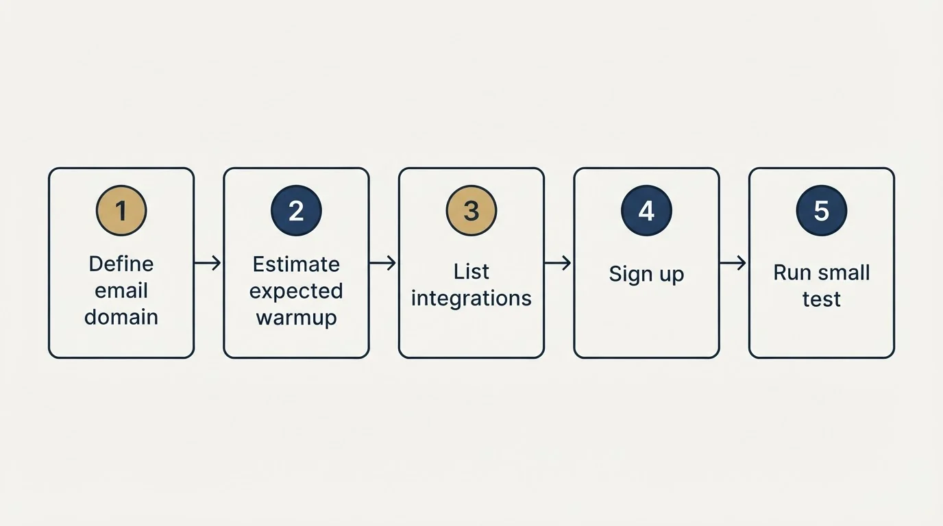 Step sequence: Getting Started Checklist (Define email domain, Estimate expected warmup, List integrations, Sign up)