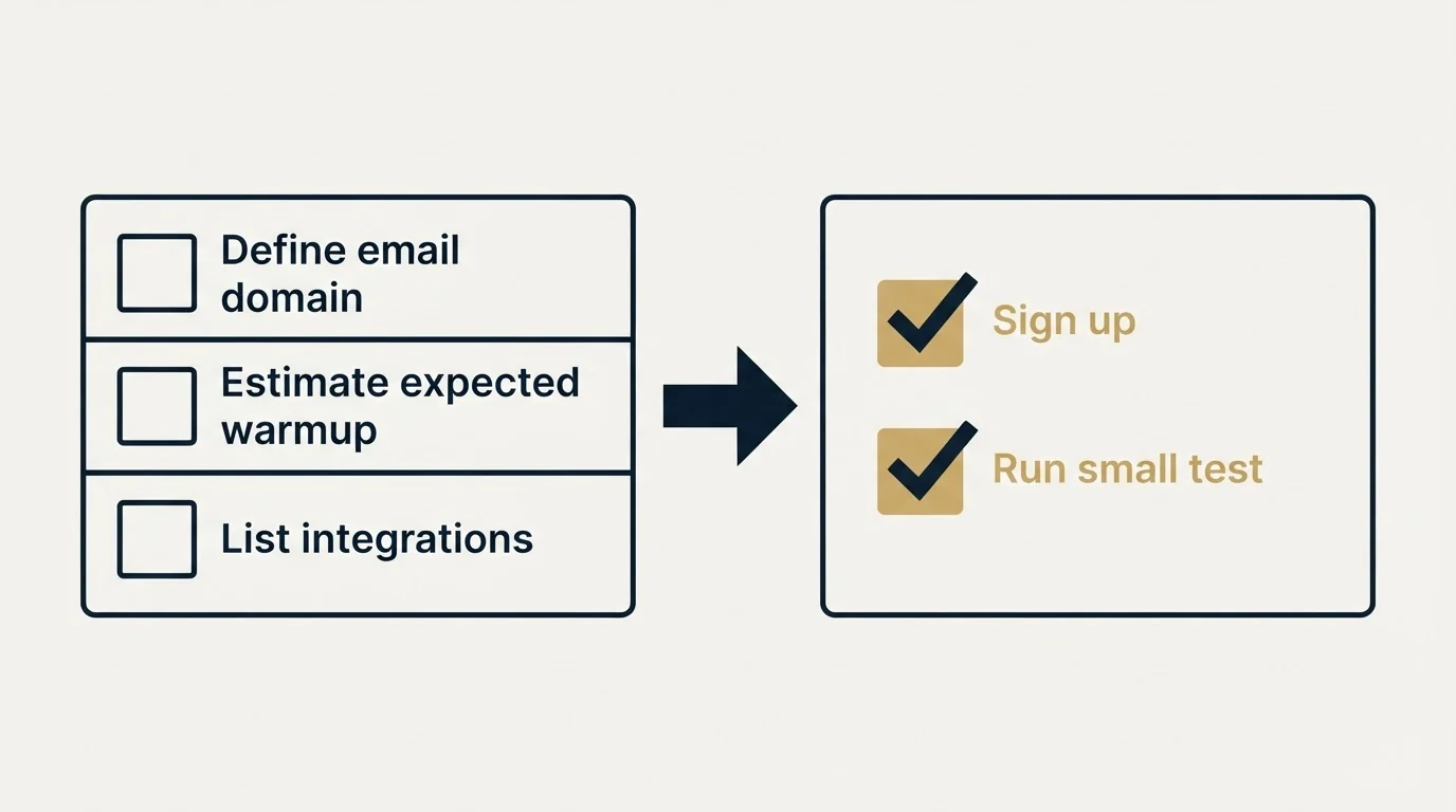 Before-and-after steps: Getting Started Checklist (Define email domain, Estimate expected warmup, List integrations, Sign up)