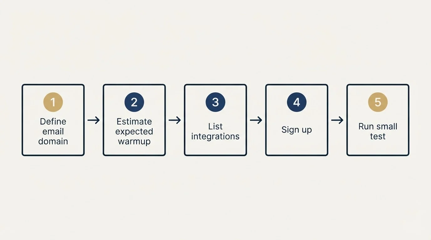 Step sequence: Getting Started Checklist (Define email domain, Estimate expected warmup, List integrations, Sign up)