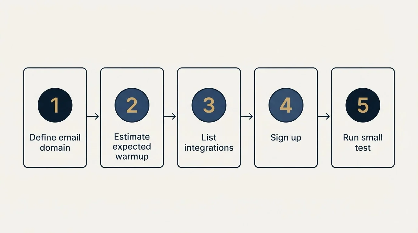Step sequence: Getting Started Checklist (Define email domain, Estimate expected warmup, List integrations, Sign up)
