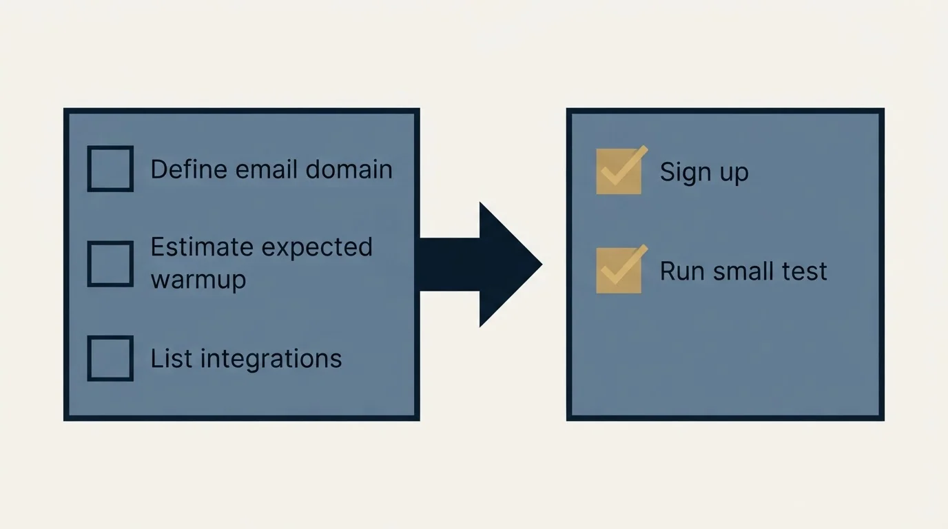 Before-and-after steps: Getting Started Checklist (Define email domain, Estimate expected warmup, List integrations, Sign up)