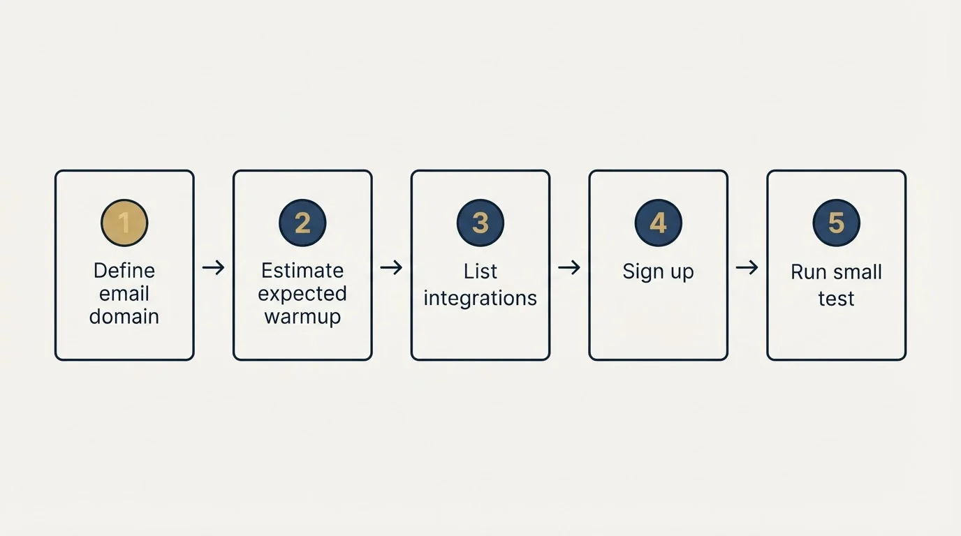 Step sequence: Getting Started Checklist (Define email domain, Estimate expected warmup, List integrations, Sign up)