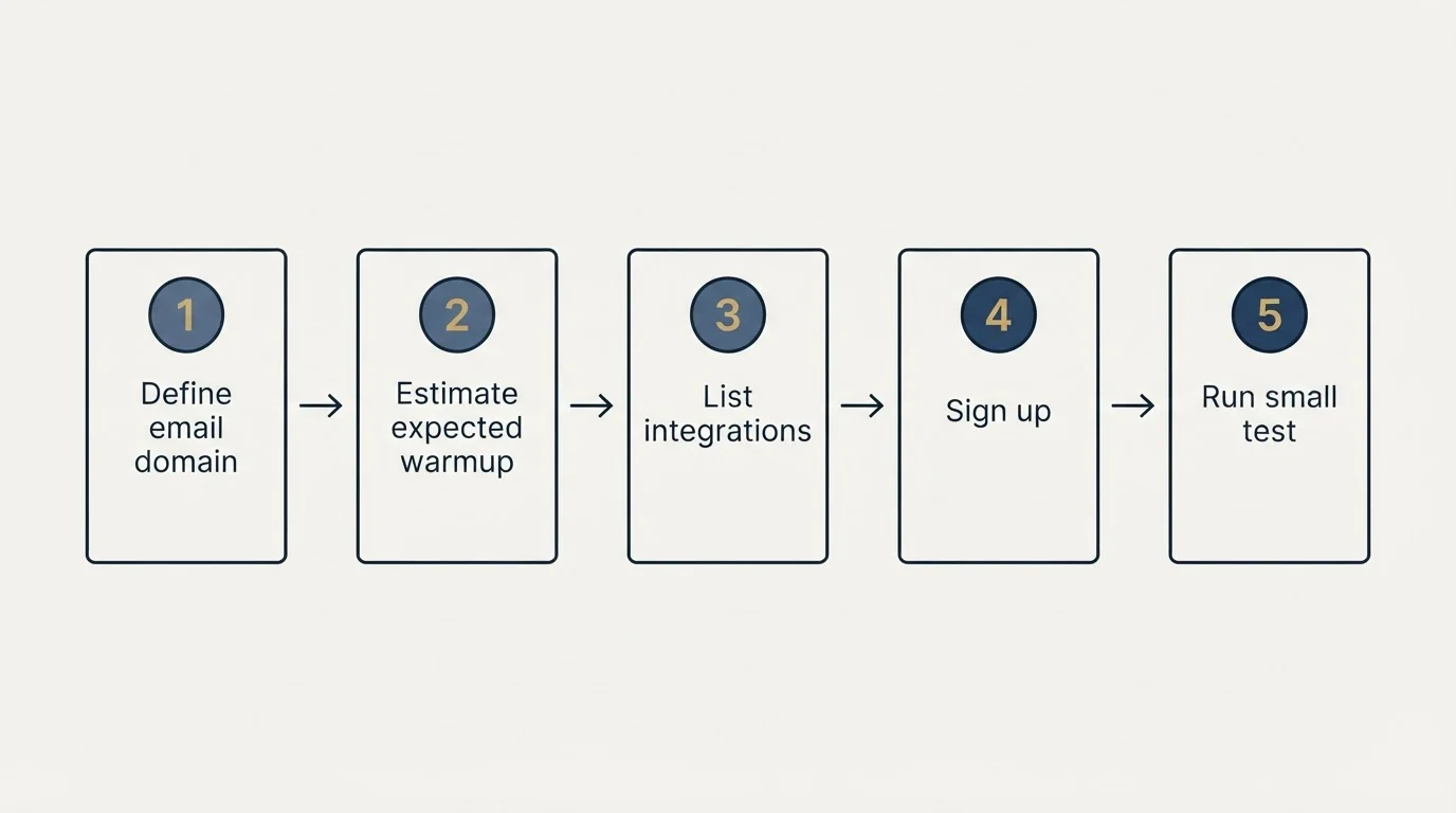 Step sequence: Getting Started Checklist (Define email domain, Estimate expected warmup, List integrations, Sign up)