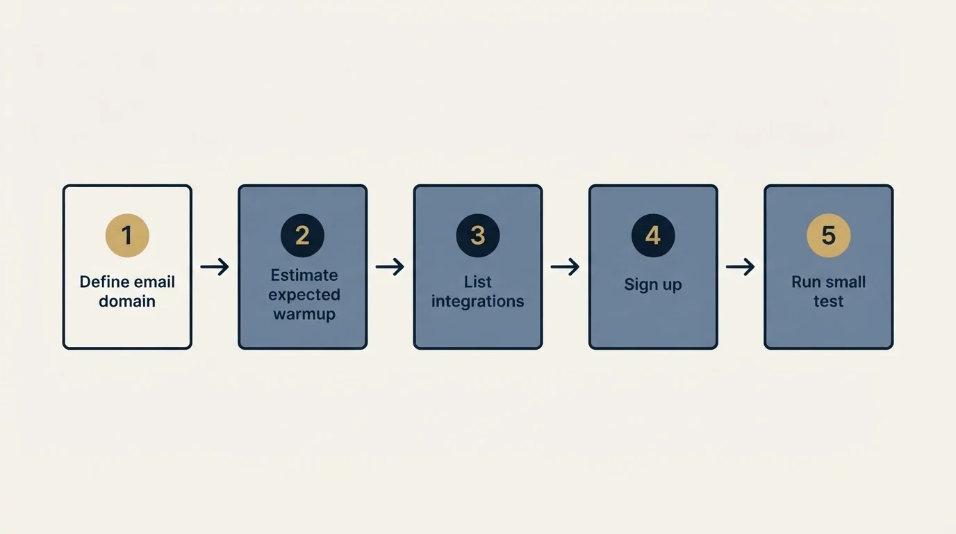 Step sequence: Getting Started Checklist (Define email domain, Estimate expected warmup, List integrations, Sign up)