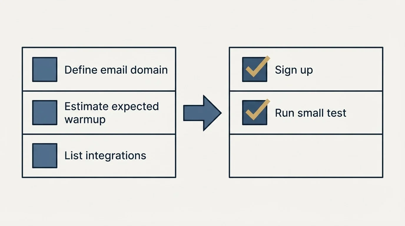 Before-and-after steps: Getting Started Checklist (Define email domain, Estimate expected warmup, List integrations, Sign up)