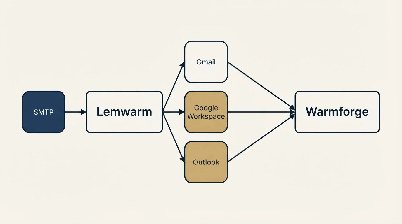 Integration schematic: Integration Ecosystem (Lemwarm, Warmforge, Gmail, Google Workspace)