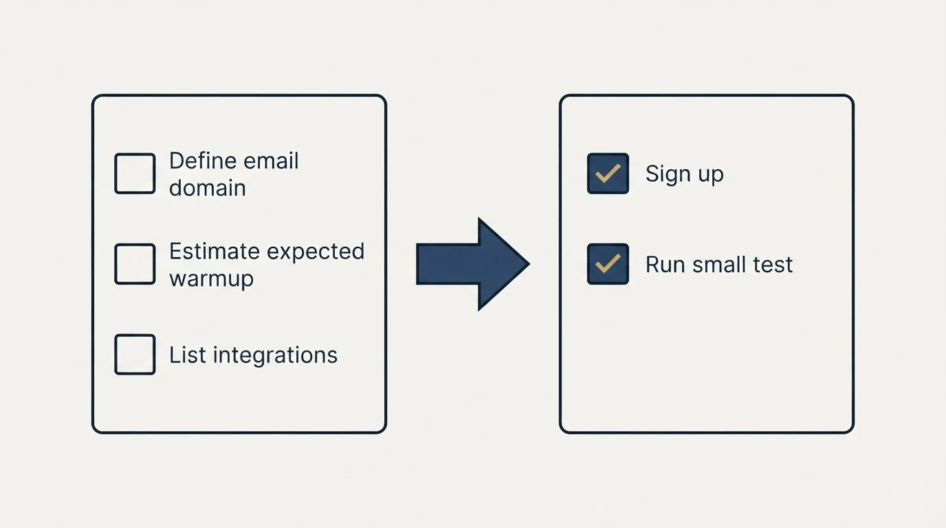 Before-and-after steps: Getting Started Checklist (Define email domain, Estimate expected warmup, List integrations, Sign up)