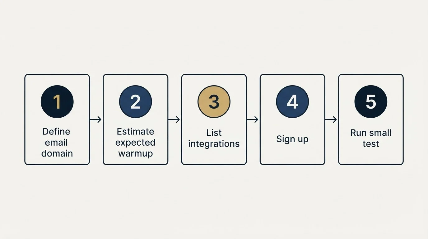 Step sequence: Getting Started Checklist (Define email domain, Estimate expected warmup, List integrations, Sign up)