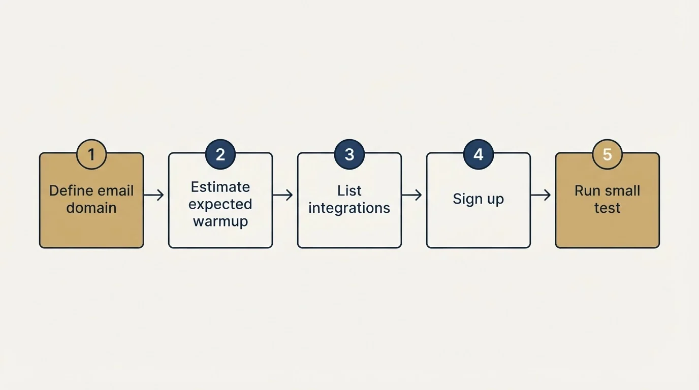 Step sequence: Getting Started Checklist (Define email domain, Estimate expected warmup, List integrations, Sign up)