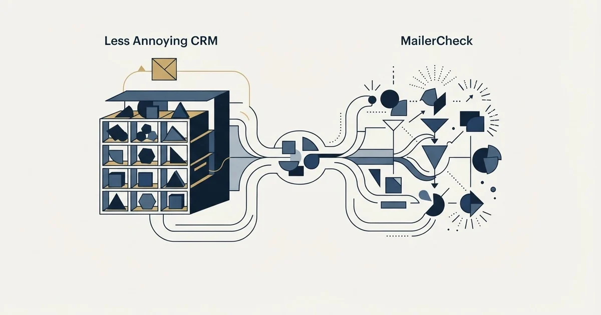 Editorial illustration for Less Annoying CRM vs MailerCheck