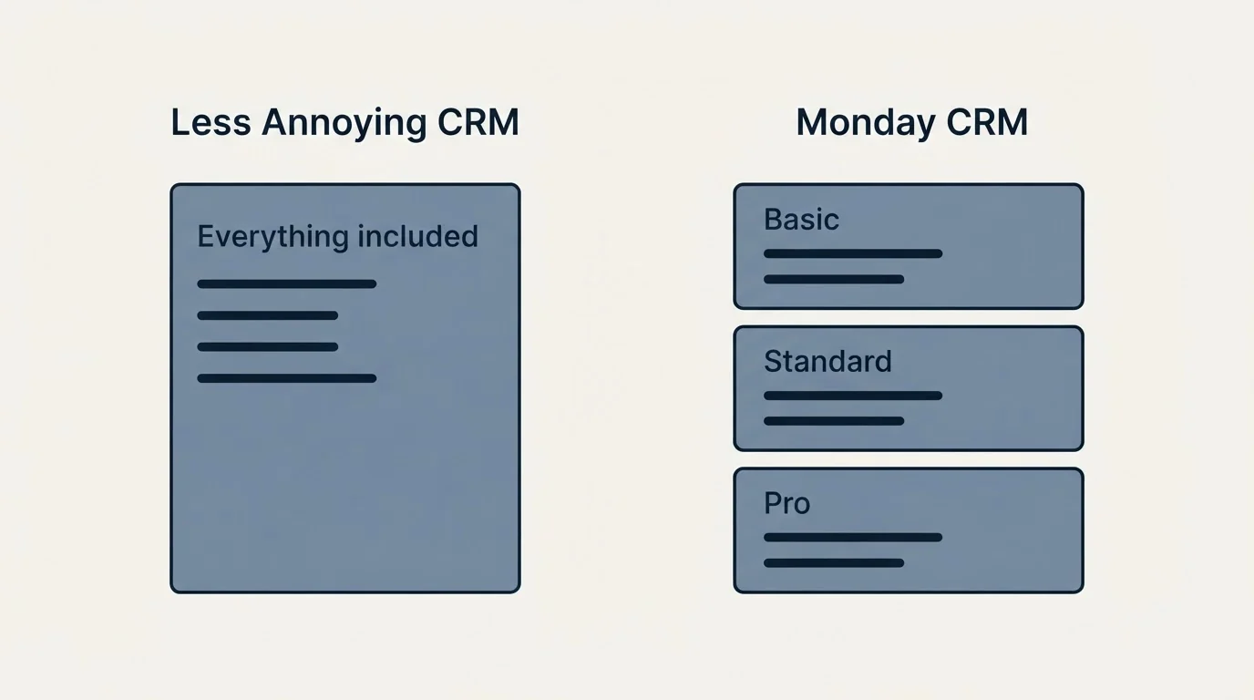 Pricing panels: Pricing Comparison (Less Annoying CRM, Monday CRM, Everything included, Basic)