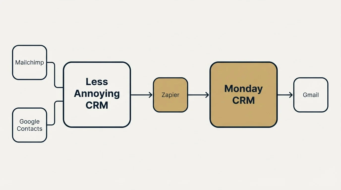 Integration schematic: Integration Ecosystem (Less Annoying CRM, Monday CRM, Zapier, Mailchimp)