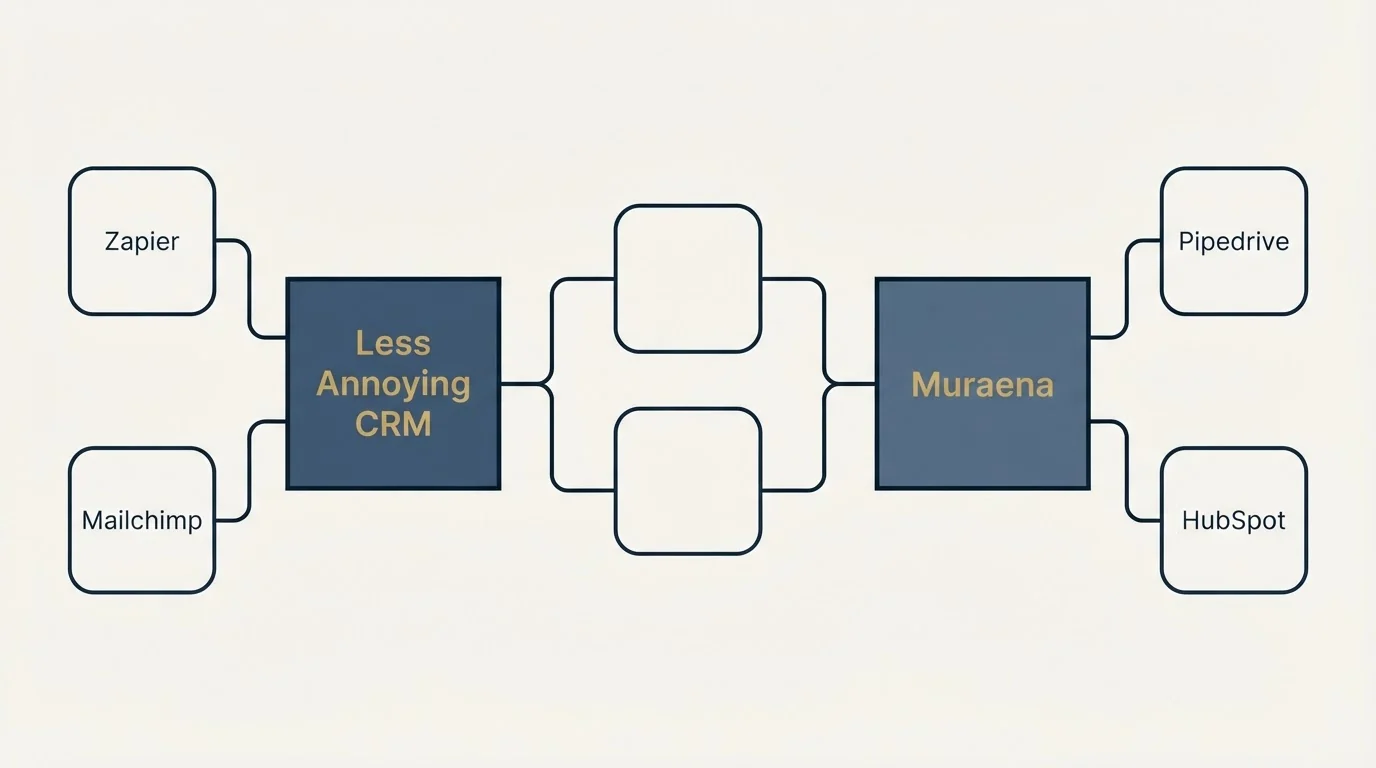 Integration schematic: Integration Ecosystem (Less Annoying CRM, Muraena, Zapier, Pipedrive)